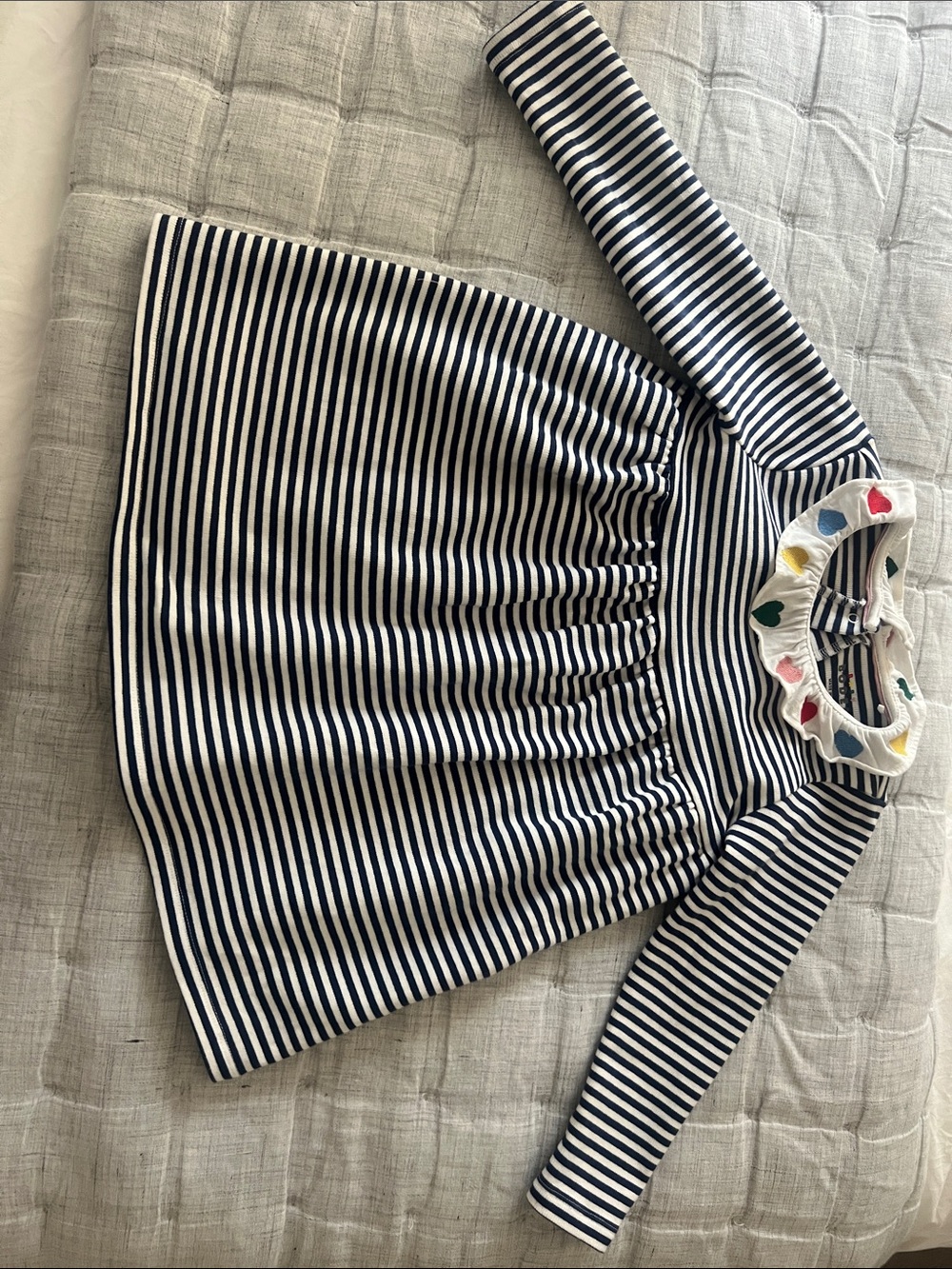 Boden Navy and White Striped Long-Sleeve Baby Dress with Heart Collar